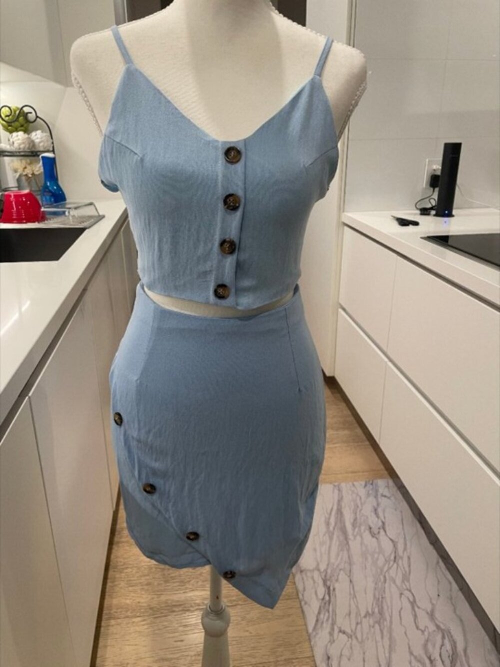 Love & Other Things Blue Two-Piece Set – Button Front Crop Top & Skirt | Size S - Picture 3 of 9